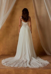 Nim by Madi Lane Flowy Floral lace and chiffon a-line Wedding Dress at Love it at Stella's Bridal Shop in Westminster Maryland